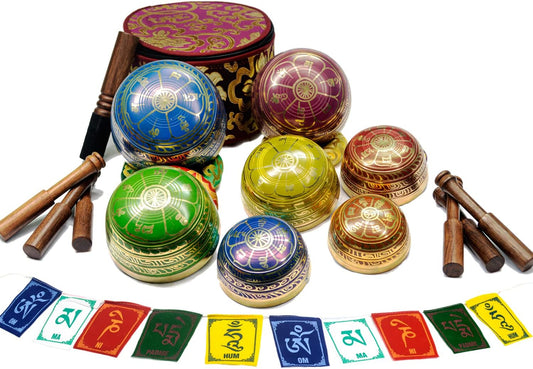 Tibetan Singing Bowl Set Of 7, Authentic 7 Metals, 7 Chakra Colors Mantra Chant Decorated Himalayan Singing Bowl For Chakra Healing, Meditation, Deep Relaxation, Stress Relief, Handmade In Nepal