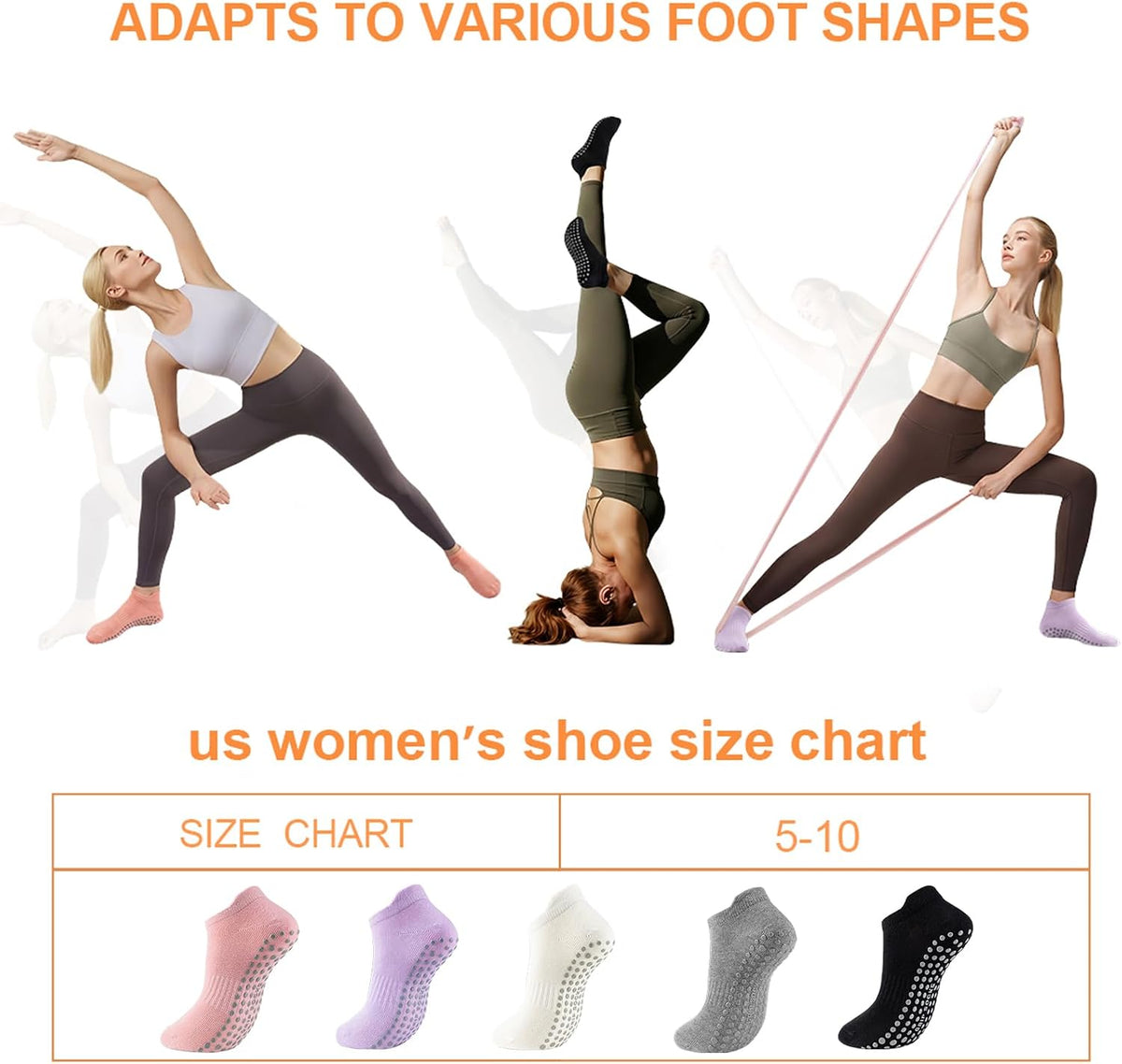 5 Pairs Pilates Socks with Grips for Women Non Slip Grip Yoga Crew Socks for Barre Hospital Barefoot
