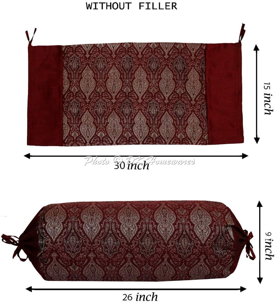Ethnic Jacquard Brocade Silk Bolster Cushion Covers for Bed Damask Maroon Yoga Massand Living Room Decorative Cylindrical Hotdog Traditional Throw Pillowcase 76x38 cm - Set of 2 Pcs