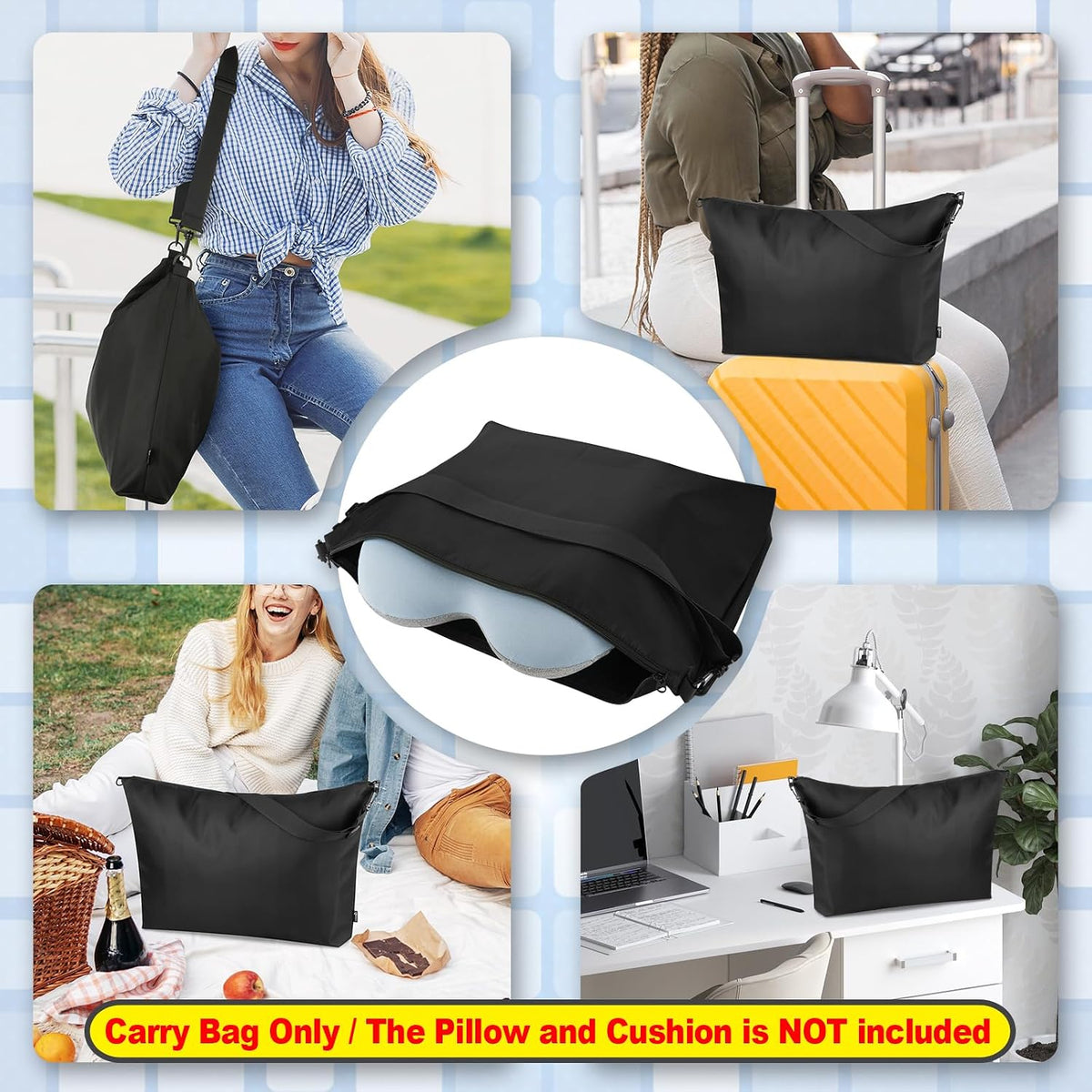 Travel Seat Cushion Carry Bag Chair Pad Cushion Storage Bag Portable Pillow Carrying Bag with Detachable Strap and Elastic Loop for Comfort Seat Cushions Chair Pads Back Cushions Travel Pillow