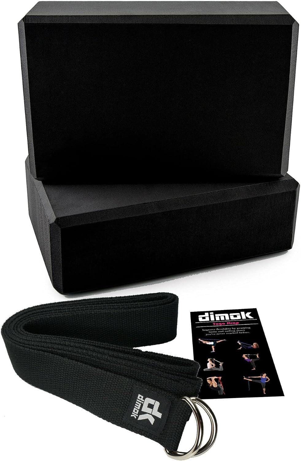 Yoga Blocks and Strap Set - Foam Bricks 9x6x4 and 8FT Yoga Belt Metal D-Ring - High Density Premium Quality