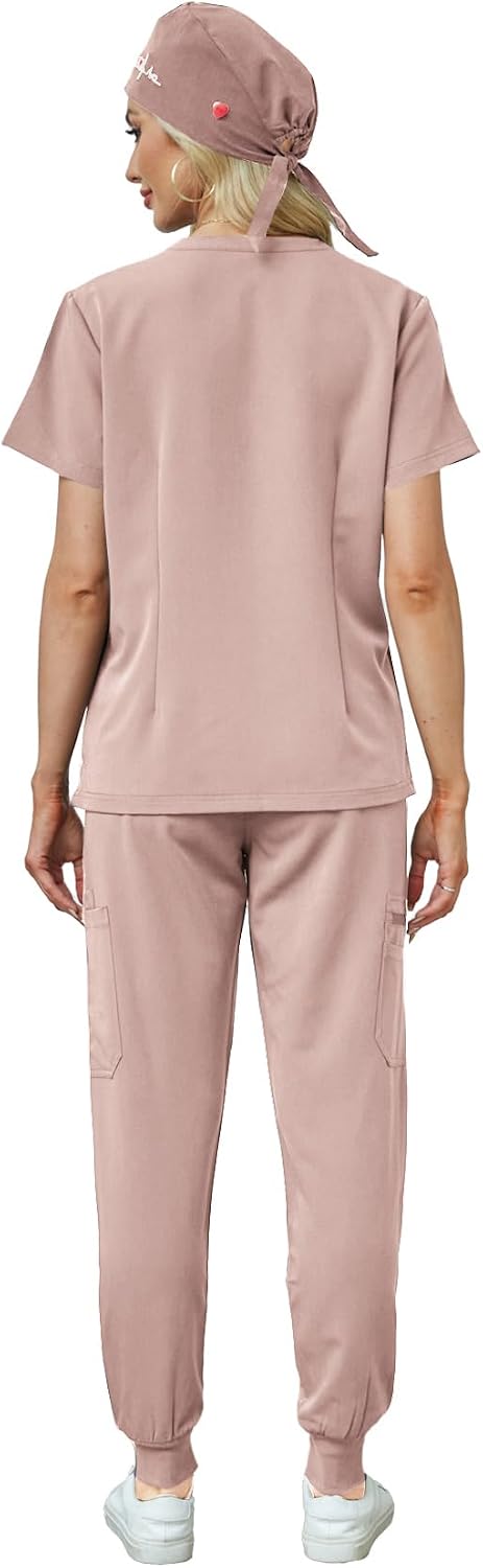 Women's V-Neck Scrubs Set With Cap, Stretchy Top and Jogger Pants, 11 Pockets Nursing Uniform