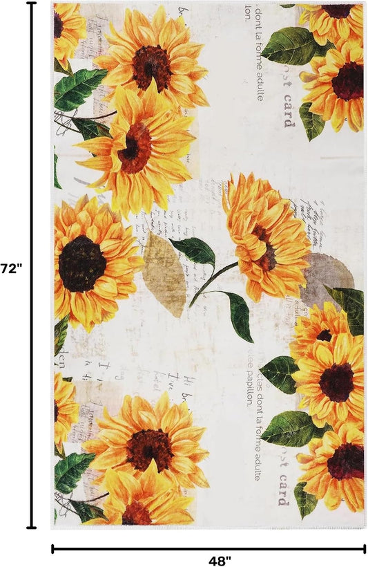 Sunflower Machine Washable Area Rug 4' x 6', Soft Non Slip Botanical Accent Floral Indoor Rugs, Vintage Rugs for Living Room Bedroom Floor Carpet Yoga Mat Home Office