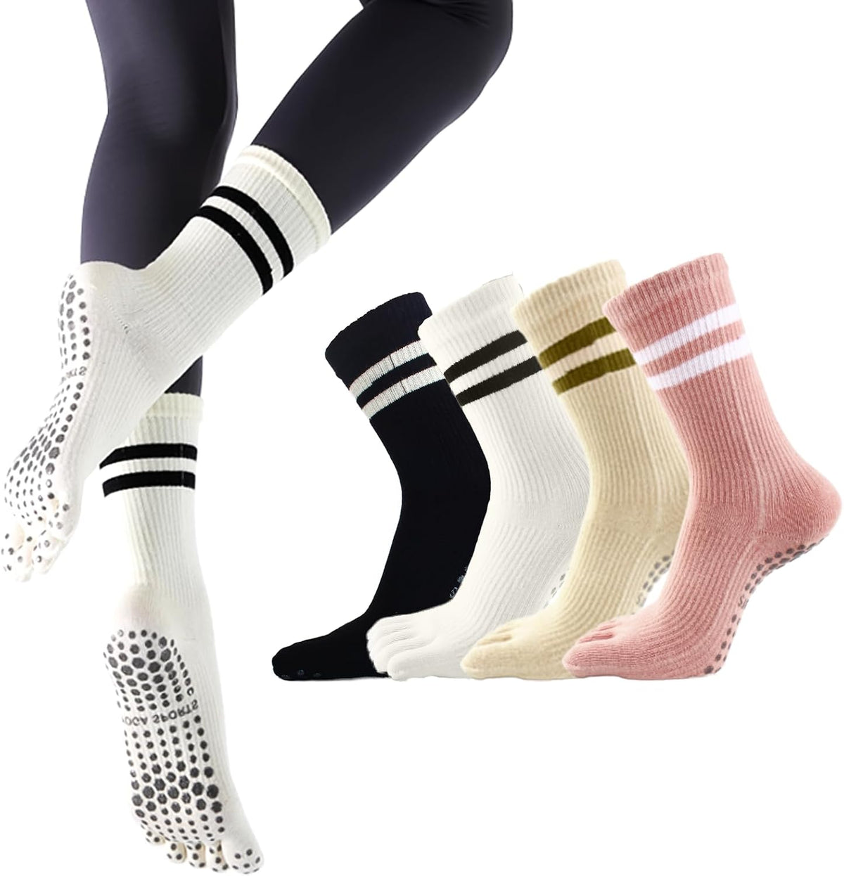 Pilates Socks for Women, Non Slip Yoga Five Toe Grippy Socks for Hospital Barre Sticky Gym Slipper Socks 4 Pairs