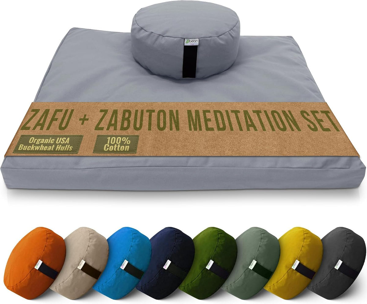 Meditation Cushion Mat Set - Zafu Floor Pillow Organic Buckwheat Pillow + Cotton Filled Zabuton Prayer Pad - Meditation Pillow Yoga Knee Pad - Made in USA - 14" Round or 18" Oval