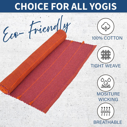 100% Organic Anti-Skid Cotton Yoga or Meditation Mat: Hand-Woven, and Extra-Long(28'’ x 74'’) for Ultimate Comfort and Stability with Cotton Carry bag