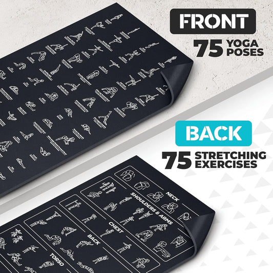 Instructional Yoga Mat with Carrying Strap: Cute Yoga Mat with 75 Illustrated Yoga Poses + 75 Easily-Followed Stretching Exercises - 1/4” Thick, Non-Toxic, Non-Slip Yoga Mats for Women and Men