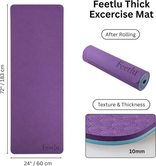 Extra Thick 10mm Yoga Mat, 72" x 24", Non-Slip with Carry Strap
