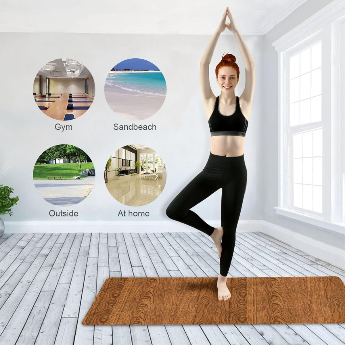 Travel Yoga Mat 71" x 24" Non Slip Natural Rubber Foldable Exercise Mat Ultra Thin 1.5mm Lightweight for Fitness, Pilates & Home Workout, Wood Print