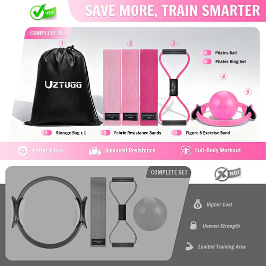 Pilates Equipment Kit at Home for Women, 4-in-1 Workout Essential Set with Pilates Ring, Fabric Resistance Bands, Figure 8 Resistance Band, Pilates Ball–Full Body Toning, Yoga & Stretching