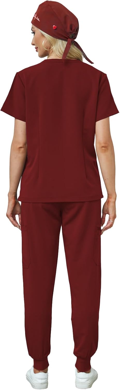 Women's V-Neck Scrubs Set With Cap, Stretchy Top and Jogger Pants, 11 Pockets Nursing Uniform