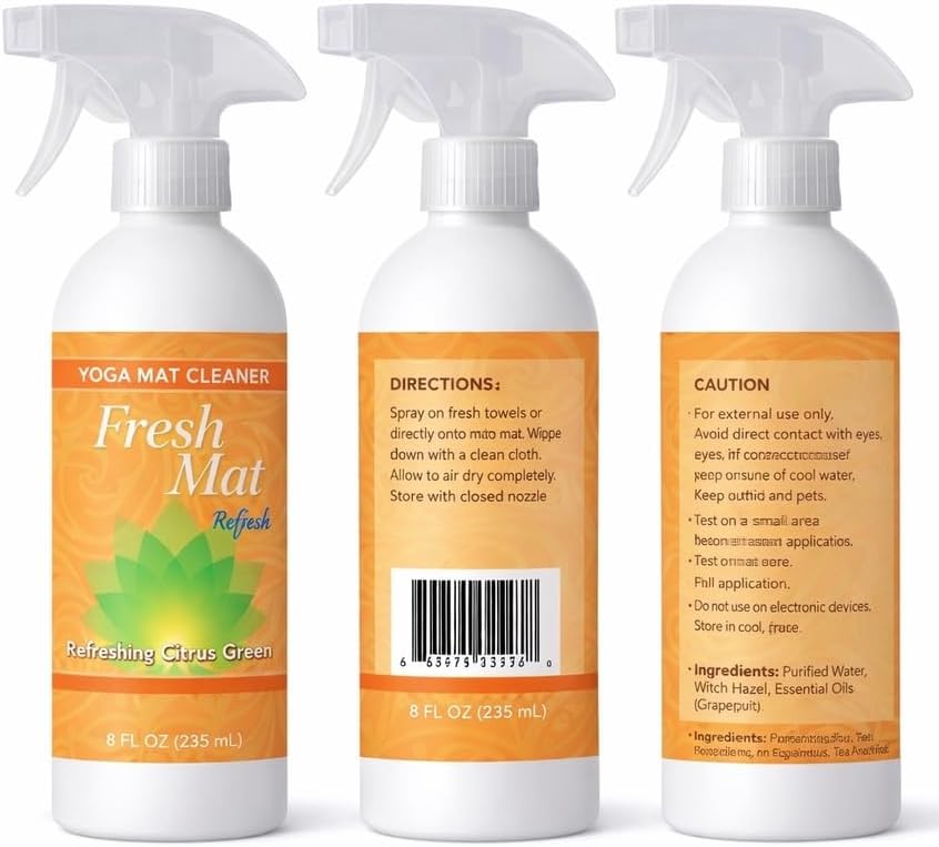 Fresh Mat Yoga Mat Cleaner Spray - Natural Deodorizing Cleaner for Yoga Mats & Fitness Equipment - No-Rinse, Residue-Free Formula with Witch Hazel & Essential Oil, Refreshing Citrus Ginger (24 fl oz).