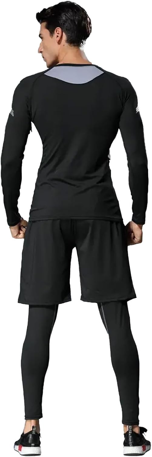 3 PCS Men's Compression Set - Workout Long Sleeve Top & Pants with running Shorts | Moisture-Wicking Gym Bundle