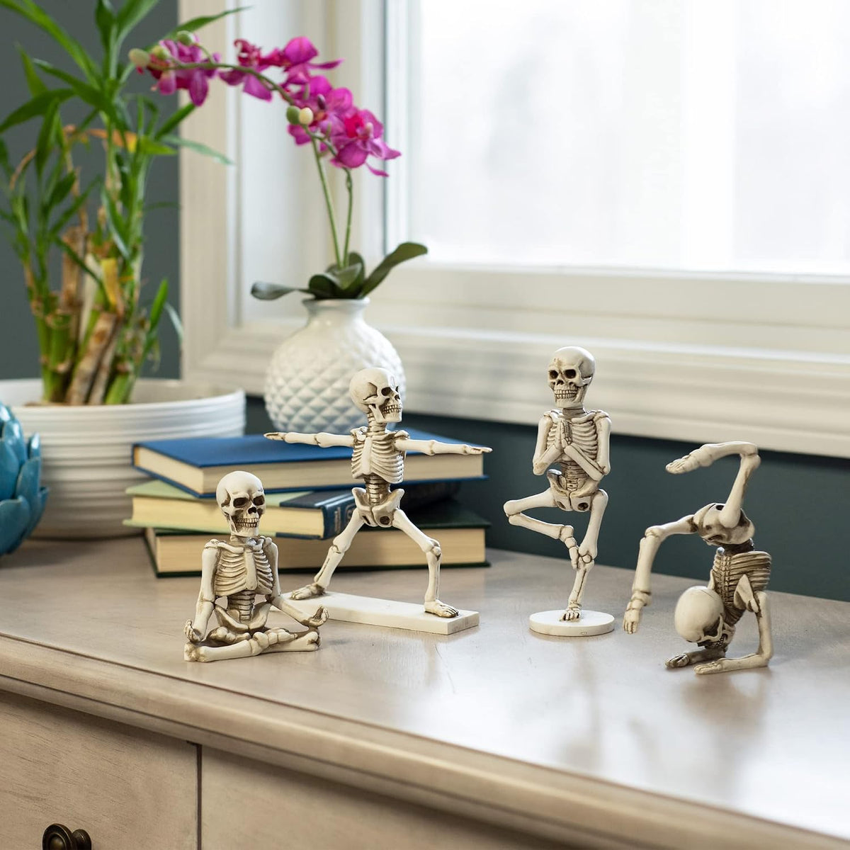 Yoga Pose Skeletons Ivory Tone 6 inch Resin Figurines Set of 4