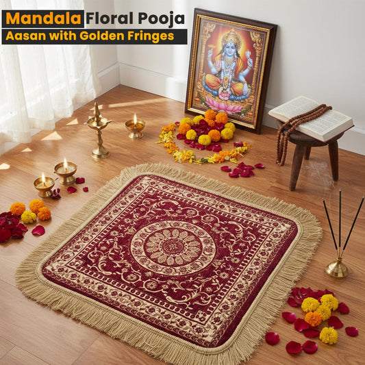 Soft Chenille Prayer Mat | Traditional Mandala Floral Pooja Aasan with Golden Fringes | Multipurpose Square Rug for Meditation, Yoga, Puja Room & Home (Red, 2x2 Feet)
