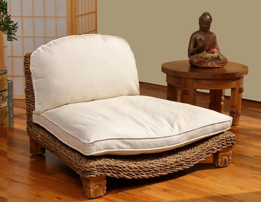 Serenity Meditation Floor Chair with Seagrass Woven Seat and Solid Mangowood Frame, Cushioned Seat, Wooden Legs, Natural Finish (Cream)