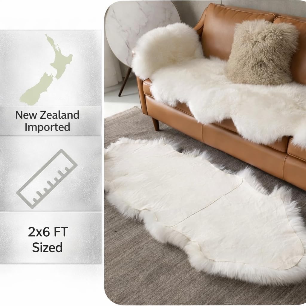 Sheepskin Runner,Genuine New Zealand Fluffy Natural Lambskin Real Sheep Skin Fur Throw Area Rug for Livingroom,Bedroom,Sofa and Chair, Yoga mat and Dog Mat(Double Pelt 2x6 ft, Ivory White)