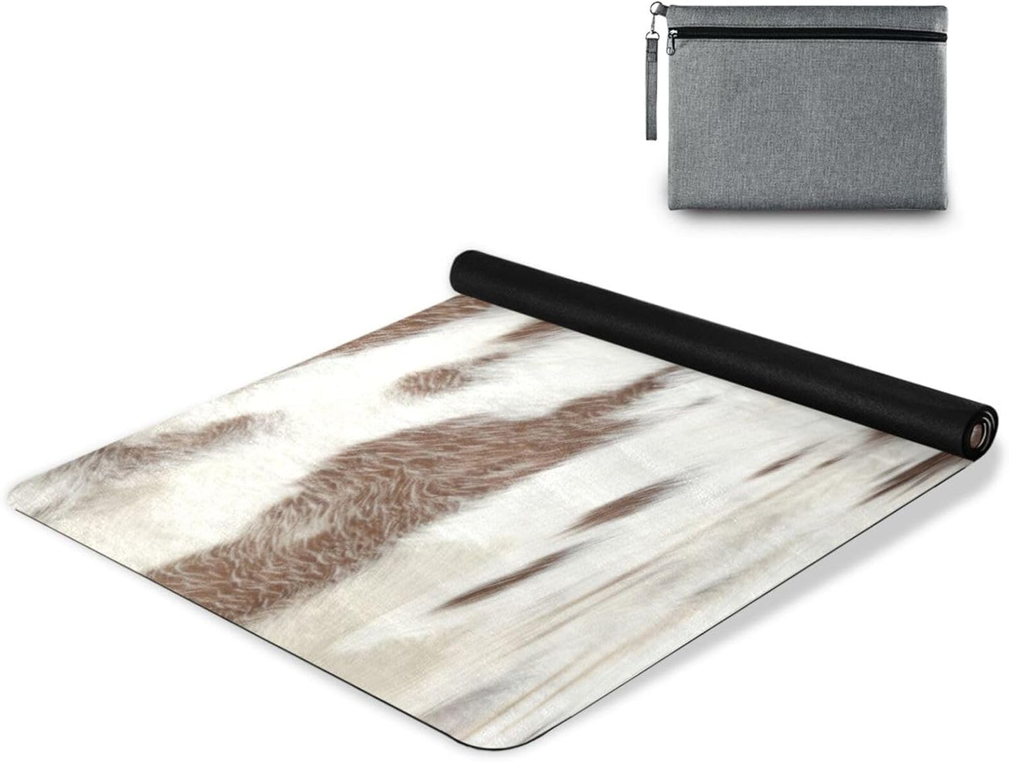 White Brown Print Cow Yoga Mat,Non Slip Exercise & Fitness Mat Folding Waterproof Yoga Mat for Yoga, Pilates, Stretching,71 x 26 Inch Come with Storage Bag