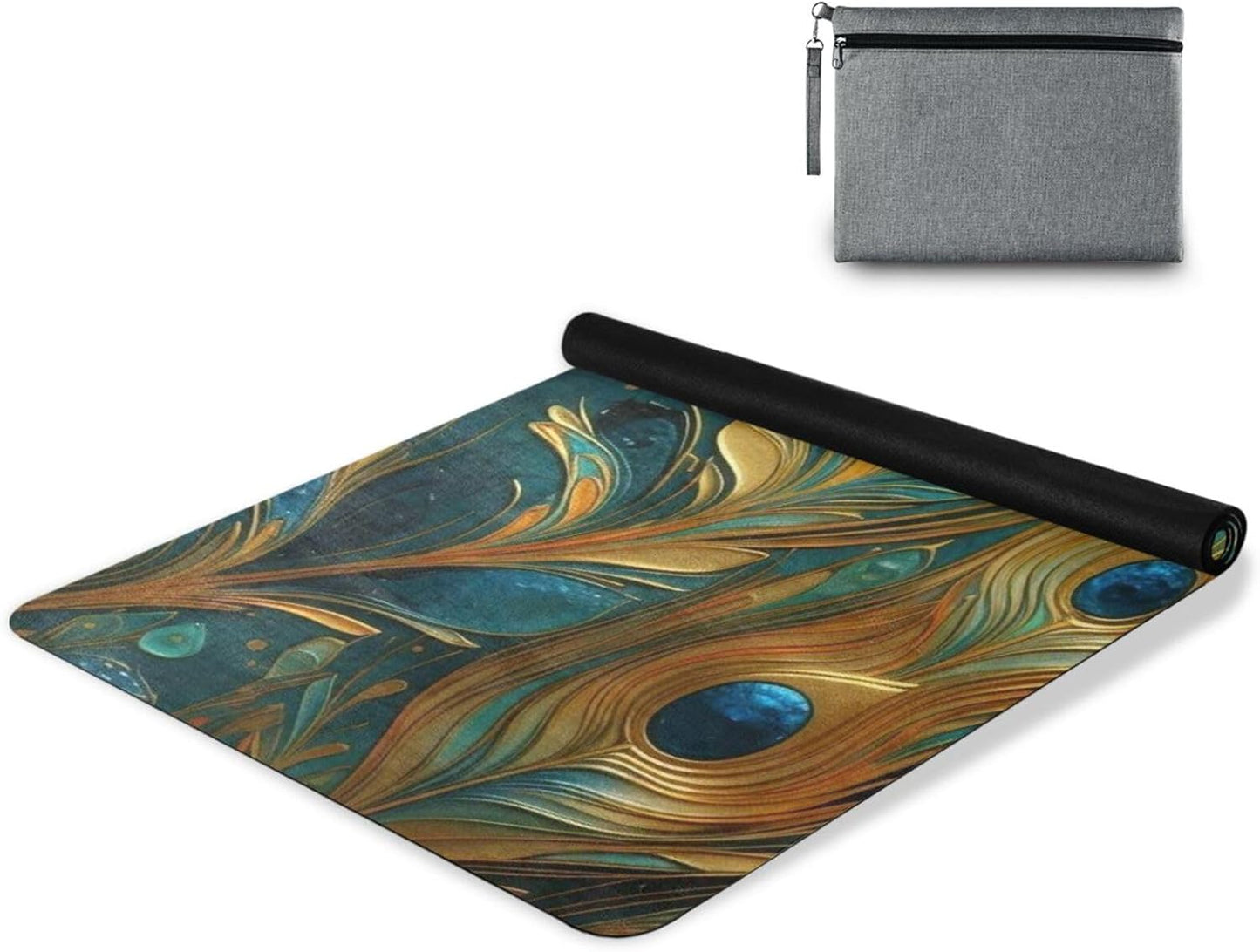 Green and Gold Peacock Feathers mat yoga for exercise printed, natural rubber non slip, yoga mat storage tapete para ejercicio 71x26 inches