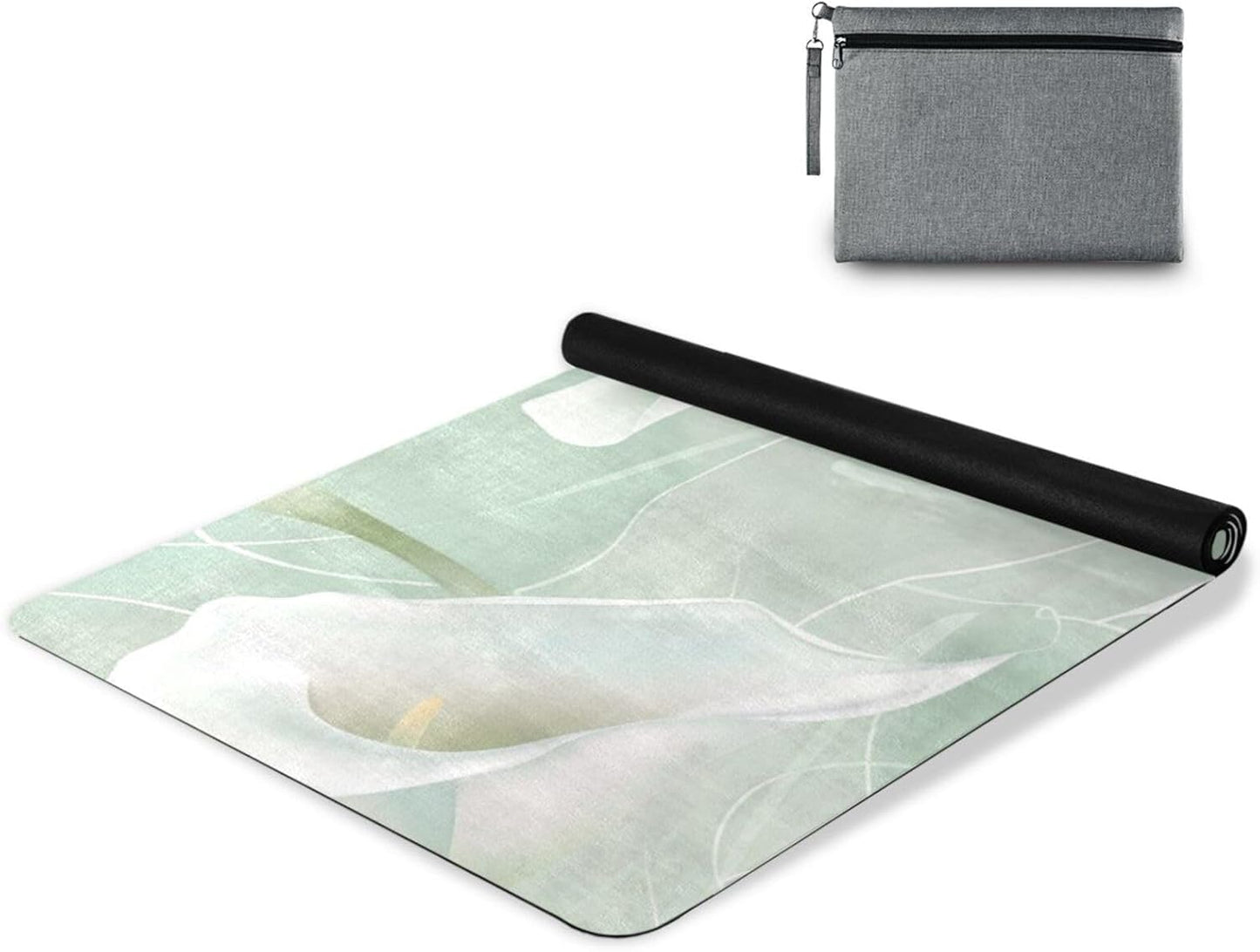 Calla Lily Flower Pastel Colors Mint Green printed yoga mat with strap for home gym, natural rubber non slip, with bag tapete para ejercicio 71x26 inches