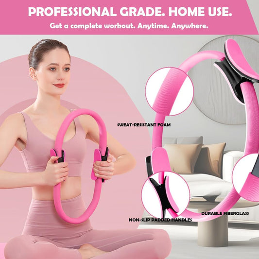 Pilates Ring Set with 14-Inch Magic Circle, Exercise Ball & 6 Resistance Bands - Complete Home Workout Equipment for Core Strength, Toning and Flexibility - Ideal Fitness Gift for Women and Men