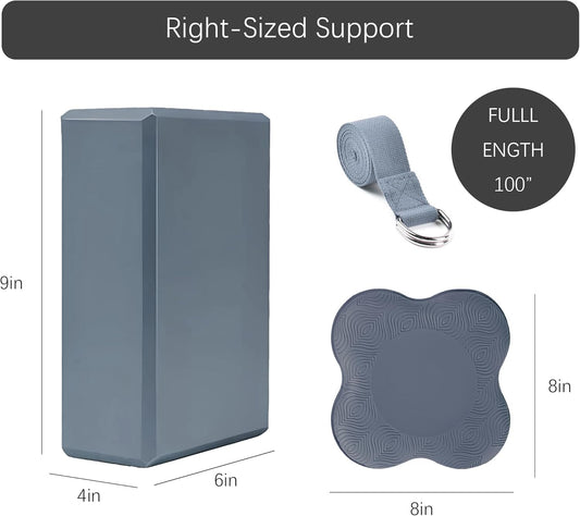 2 Yoga Blocks Supportive Accessories including 2 Knee Pads, 2 With Strap To Put Less Weight On Wrists, 1 Muscle Massage Roller, 2 Pair of Non-Slip Pilates Socks, 1 GYM Bag, Durable Versatile Yoga Brick Exercise Set of 10