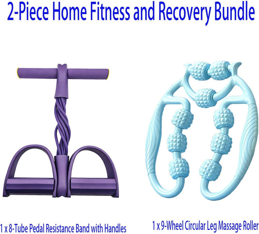 Pedal Resistance Band and Leg Massage Roller Bundle, 8-Tube Exercise Band with Handles and 9-Wheel Circular Muscle Roller, Home Workout and Self-Care Set for Arms, Legs, Calves, Thighs, Blue