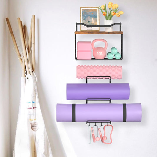 Yoga Mat Holder Black, Wall Mount Yoga Mat Storage Rack, Yoga Accessory Organizer With Wood Floating Shelves, 4 Hooks Hanging Yoga Strap & Resistance Bands, Home Gym Equipment Storage Decor