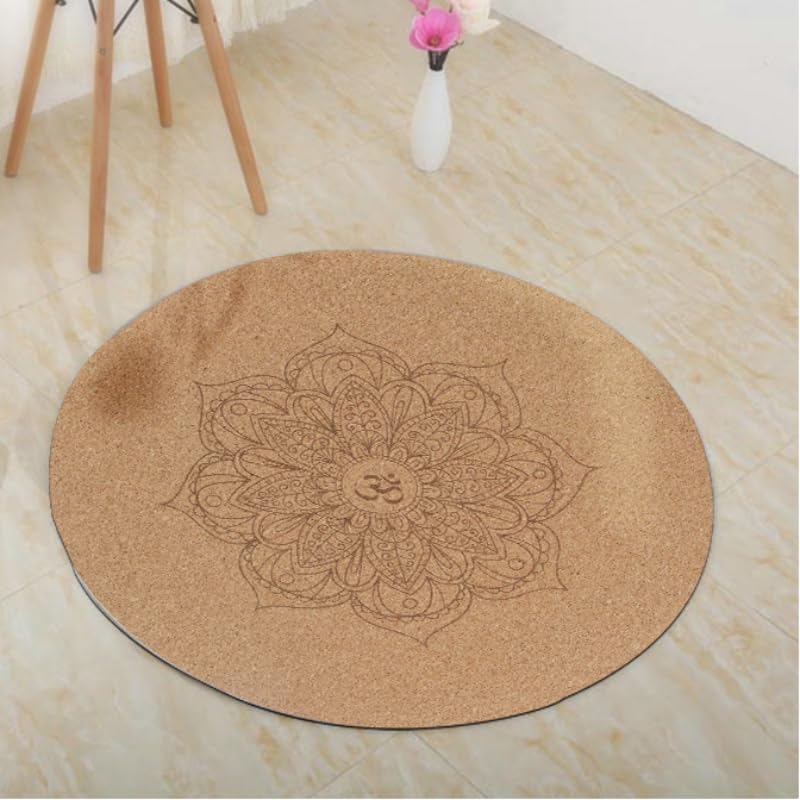 Round Yoga Mat with Printed Mandala Design, 60 in Diameter, wood material