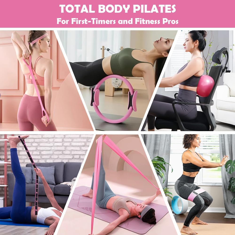 Pilates Ring Set with 14-Inch Magic Circle, Exercise Ball & 6 Resistance Bands - Complete Home Workout Equipment for Core Strength, Toning and Flexibility - Ideal Fitness Gift for Women and Men