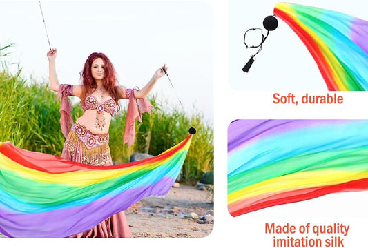 2 Sets Belly Dance Colorful Veil Poi Silk Poi Throwing Balls Poi Throwing Balls Scarf Poi Streamer with Poi Balls Belly Dance Ball for Belly Dance Performance, for Parties Dances Performances