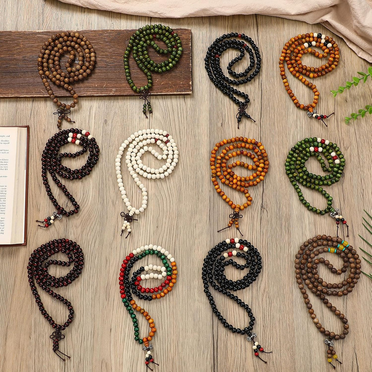24 Pcs 108 Mala Bead 8mm Meditation Bracelet for Men Tibetan Buddha Link Retractable Wood Beaded Multilayer Sandalwood Wood Bracelets Buddhist Prayer Strand Prayer Gift for Meditation Lovers