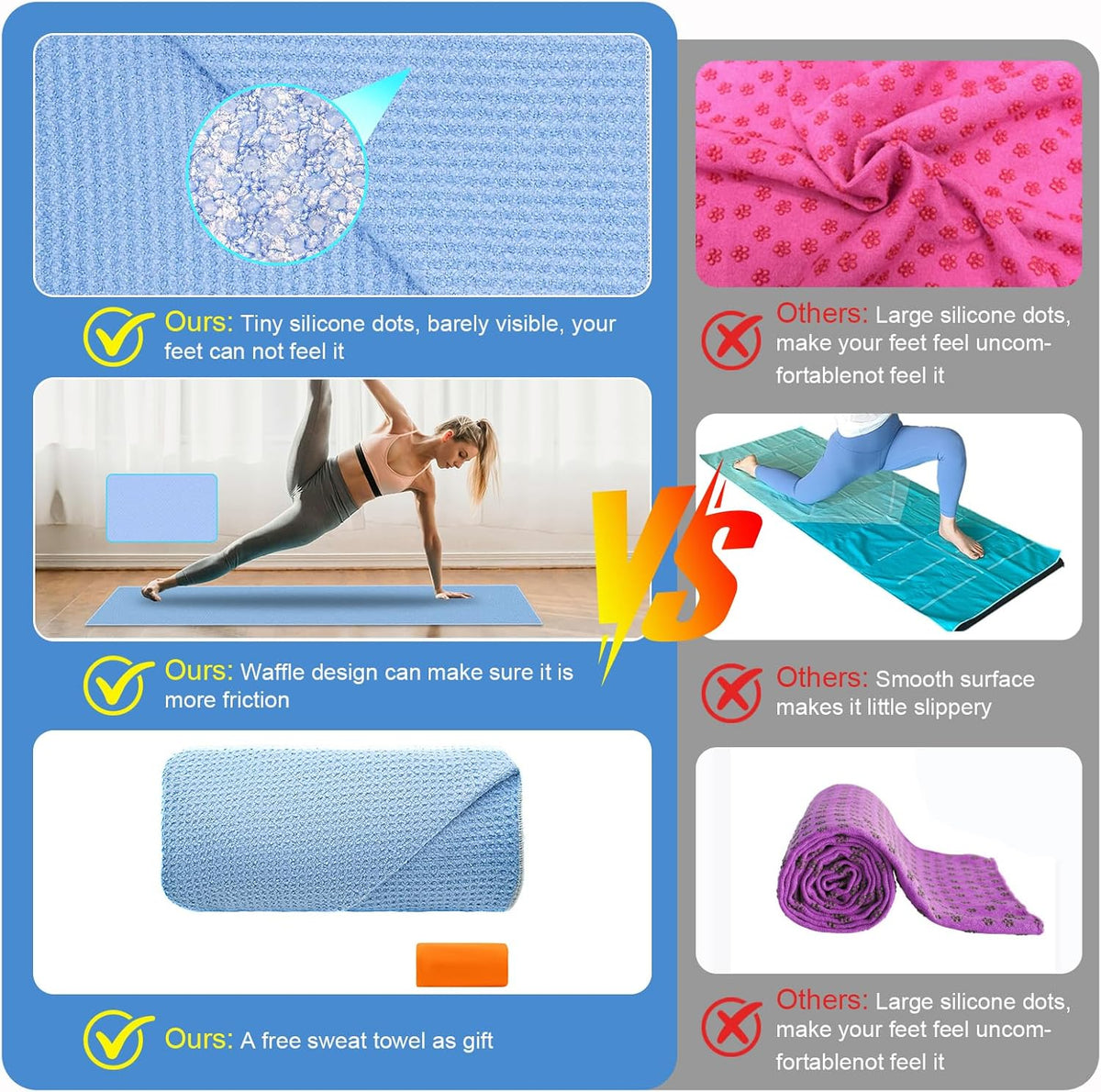 Hot Yoga Mat Towel Non Slip, Anti-Slip Silicone Grip Dot, Waffle Fiber 400GSM,72'' x 25'' Mat Size,Grippy Yoga Mat Cover Keep Mat Cleaning, Summer Workout Hot Exercise,Bikram,Pilates Sweat Absorbent