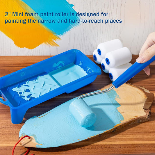 Mister Rui 4 Inch Foam Paint Roller Kit, 8 Pack - Mini Roller Set with 4” Small Roller Covers, Frame, Tray & Liner for Smooth Painting on Walls, Trim, Furniture, Home DIY Projects