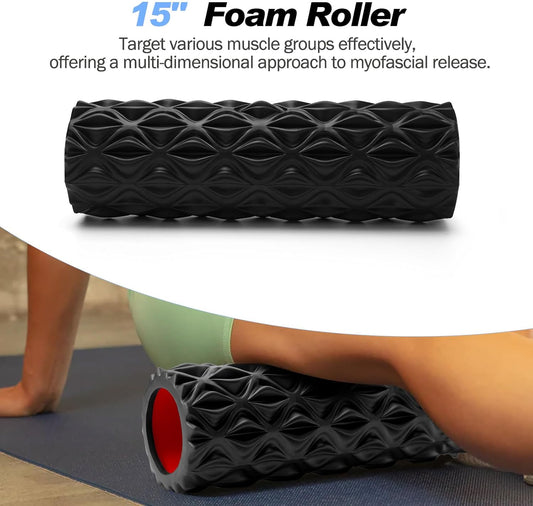 JOYENERGY 5 in 1 Foam Roller Set High Density Foam Roller Patented, Massage Stick, Massage Ball, Resistance Band for Deep Muscle Massage Pilates Yoga, Fitness for Trigger Point Release
