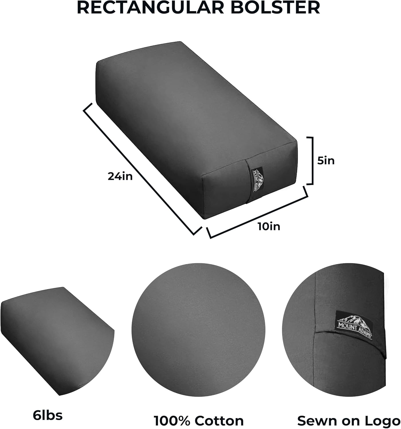 Mount Adams Rectangular Yoga Bolster for Restorative Yoga, 24" x 10" x 5", 6 lbs, 100% Cotton Rectangular Pillow with Handles, Dense, Firm Yoga Pillow and Cushion for Home or Studio