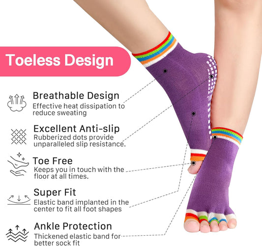 Women's Toe Separator Yoga Socks 5-Pack - Non-Slip Grips, Barefoot Pilates Socks with Open Toes, Breathable Cotton for Barre, Dance, Studio - Fits US 5.5-9.5 + Storage Bag