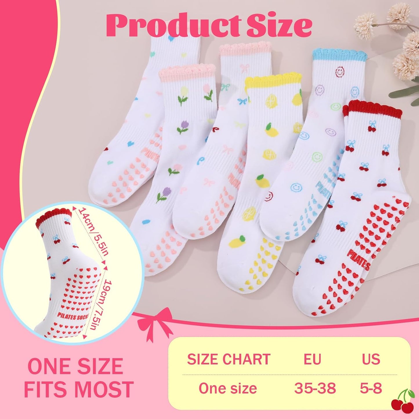6 Pairs Women‘s Cute Pilates Socks with Grips - Non Slip Ruffle Yoga Sock, Breathable Cotton Grippy Crew Socks for Barre, Ballet, Yoga & Home Workouts
