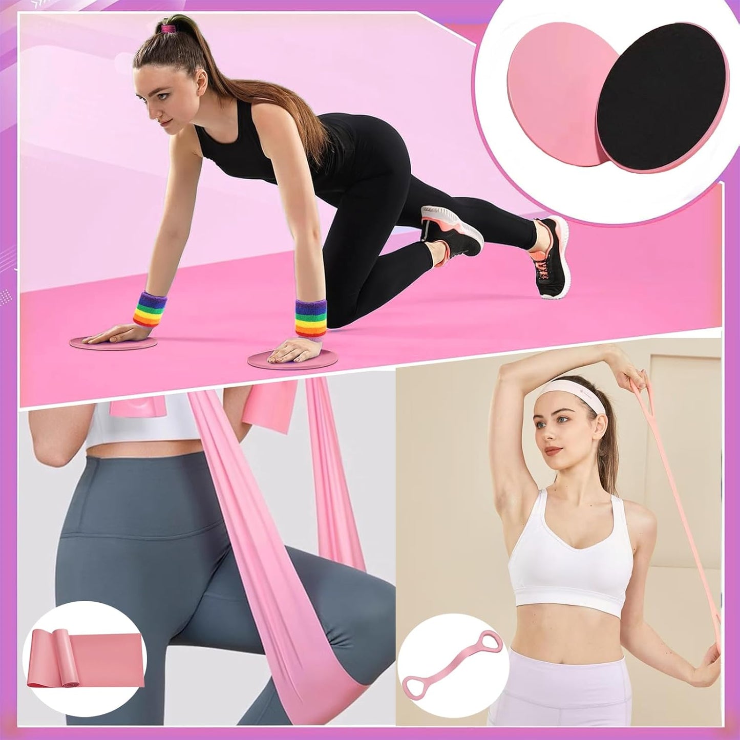 Pilates Essentials Kit for Women, Yoga Exercise Equipment Set for Home Workouts with Mini Ball, Resistance Bands, Sliding Disks & Accessories - Fitness Set for Yoga & Pilates Beginners(Pink)