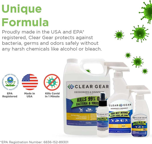 Clear Gear Gym Disinfectant, Yoga Mat Cleaner, Deodorizer For Sports Equipment, Gyms, and Fitness Centers - Mixed Pack - 16 Oz and 32 Oz Bottle Hospital grade Disinfectant Spray Pack