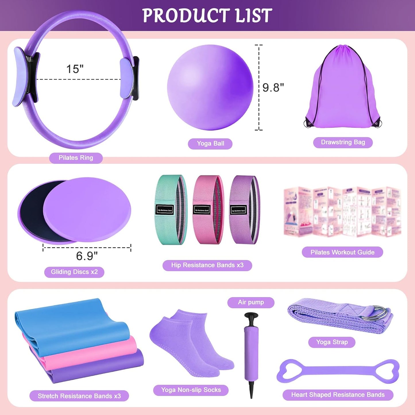 Home Pilates Kit for Women, Pilates Ring Set, Pilates Equipment Kit for Women Home Workouts, Pilates Essentials Kit with Pilates Ring and Ball, Resistance Bands for Strength, Toning, Flexibility