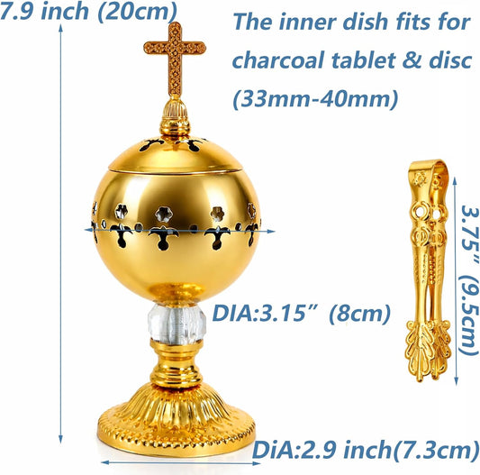 TOPZEA Catholic Incense Burner with Tong, Gold Metal Bakhoor Frankincense Resin Burner, Brass Plated Charcoal Incense Censer Stand with Cross for Christian Church, Home, Yoga, Spa Aromatherapy