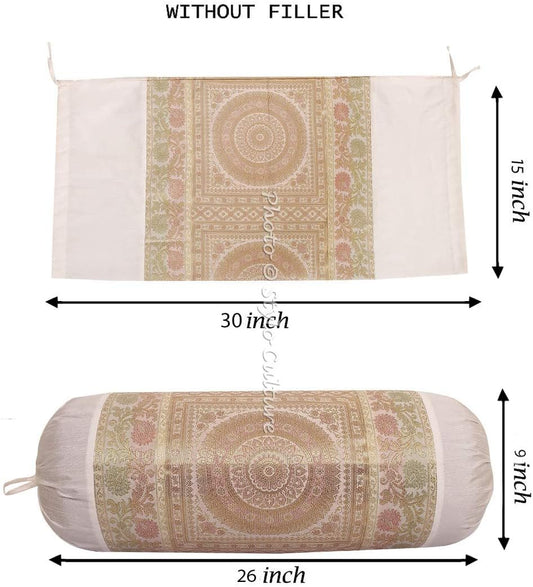 Ethnic Polydupion Cylindrical Yoga Bolster Pillow Cover White Jacquard Brocade Border Mandala Large Sofa Round Cylinder Cushion Cover (1 Pc) | 30x15 Inches (76x38 cm)