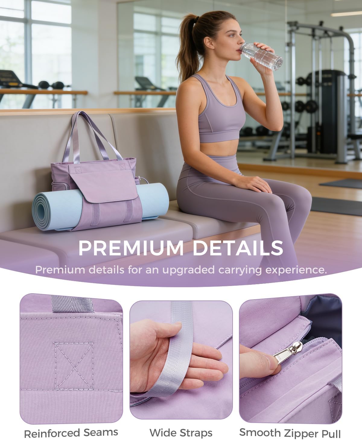 sportsnew Gym Bag for Women, 19L Yoga Mat Bag with Shoe Compartment & Wet Dry Pocket, Gym Tote Bag with Hook-and-loop Yoga Mat Holder, Quick Access Storage, for Workout Travel Pilates Dance