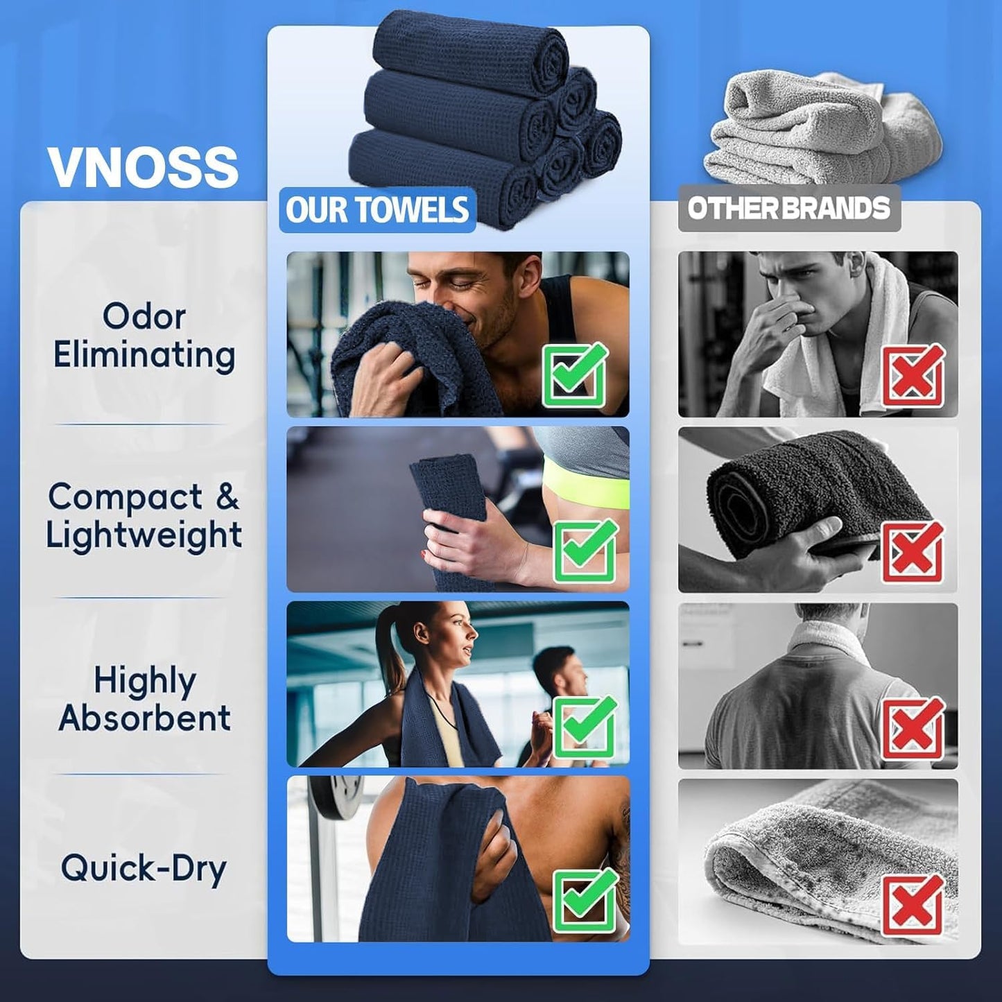 Microfiber Gym Towels for Working Out, Quickly Dry Yoga Towels for Men & Women Tennis, 16 Inch x 27 Inch, 6 Pack, Black
