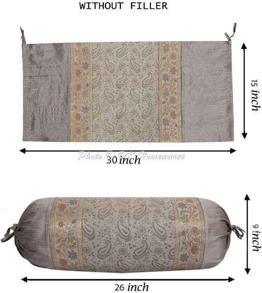 Indian Jacquard Brocade Silk Bolster Throw Pillow Covers Cylindrical Hotdog Grey Yoga Masand Home Decor Living Room Paisley Traditional Throw Cushion Cover 76x38 cm - 1 Pc