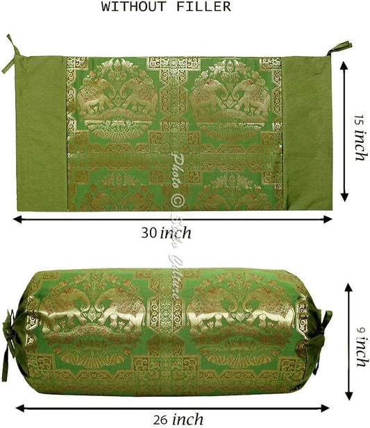 Indian Tubular Brocade Bolster Pillow Cover Olive Green Gold Floral Jacquard Weave Round Yoga Pillow Traditional Elephant Decorative Cushion Cover - (76x38 cm) | 1 Pc (Cover Only)