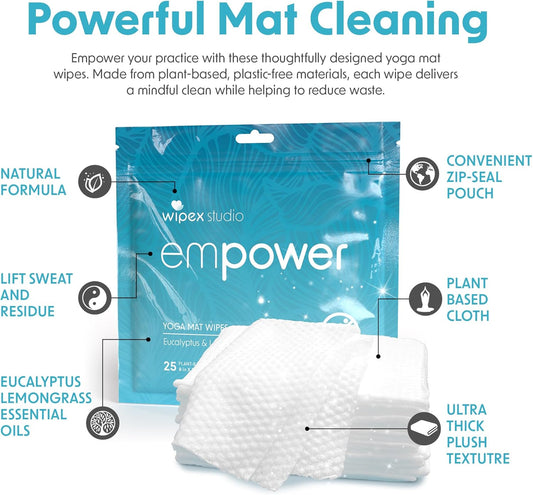 Wipex Studio Empower Yoga Mat Cleaner Wipes 25ct Zip Pack, Ultra Thick and Textured, Lemongrass Eucalyptus Scent, Natural Choice for Yoga, Pilates, or Any Movement Practice