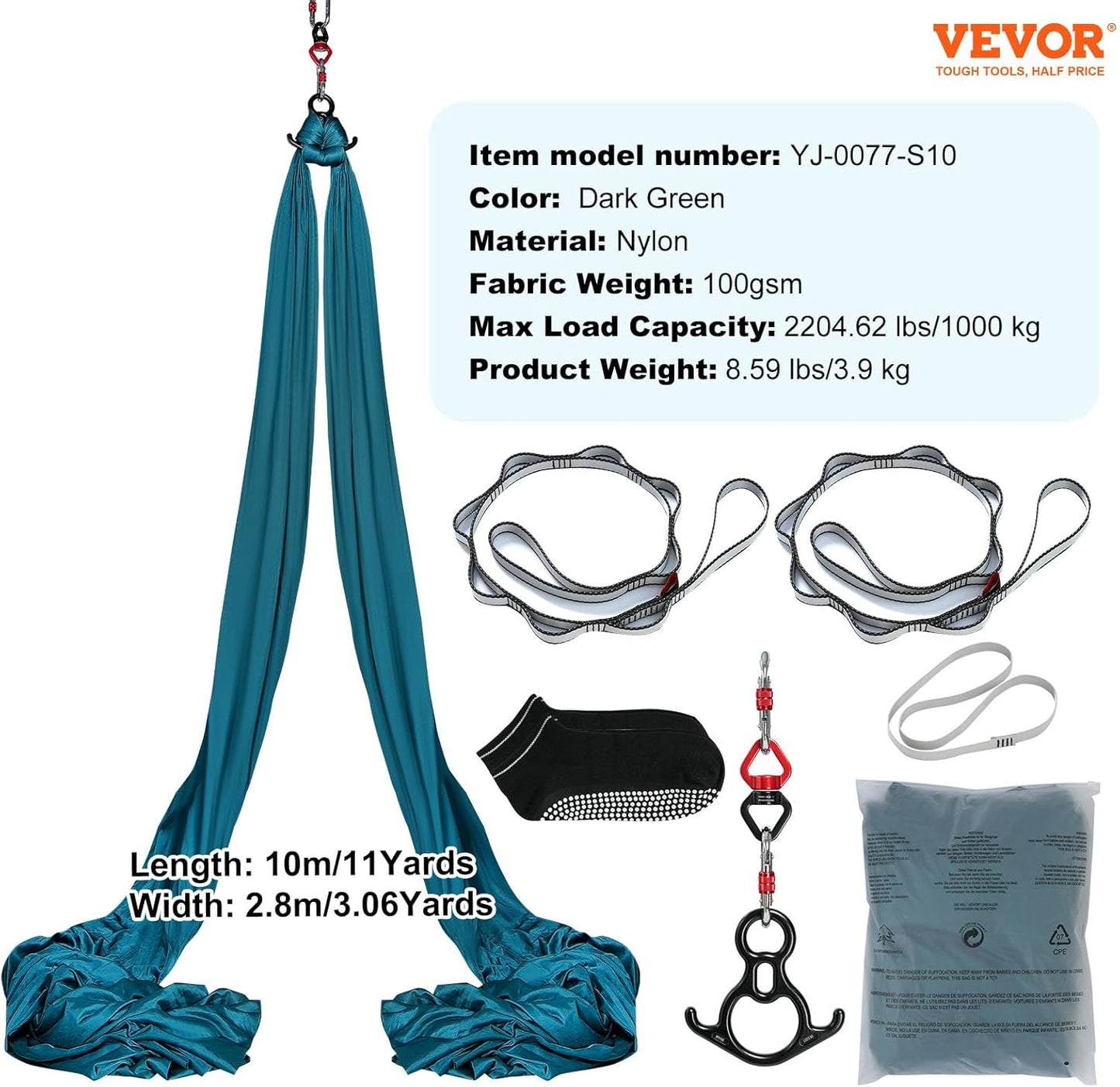 VEVOR Aerial Silk & Yoga Swing, Aerial Yoga Hammock Kit with 100gsm Nylon Fabric, Full Rigging Hardware & Easy Set-up Guide, Antigravity Flying for All Levels Fitness Bodybuilding