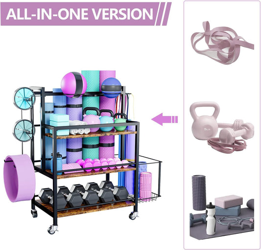 EasyCom Home Gym Storage, 4 Tier Large Capacity Rack for Dumbbells Kettlebells Foam Roller, Yoga Mat Strap and Resistance Bands, Exercise/Workout Equipment Storage Gym Organizer With Hooks and Wheels
